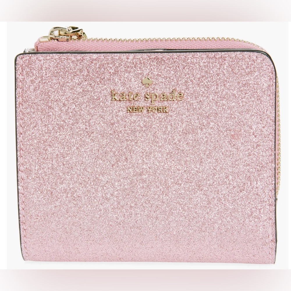 Rare Kate Spade Glimmer Boxed Small L zip Sparkling Pink Wallet Like New